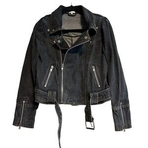 Manoush Denim Biker Jacket Motorcycle Washed Black Belted Size 40 US 8
